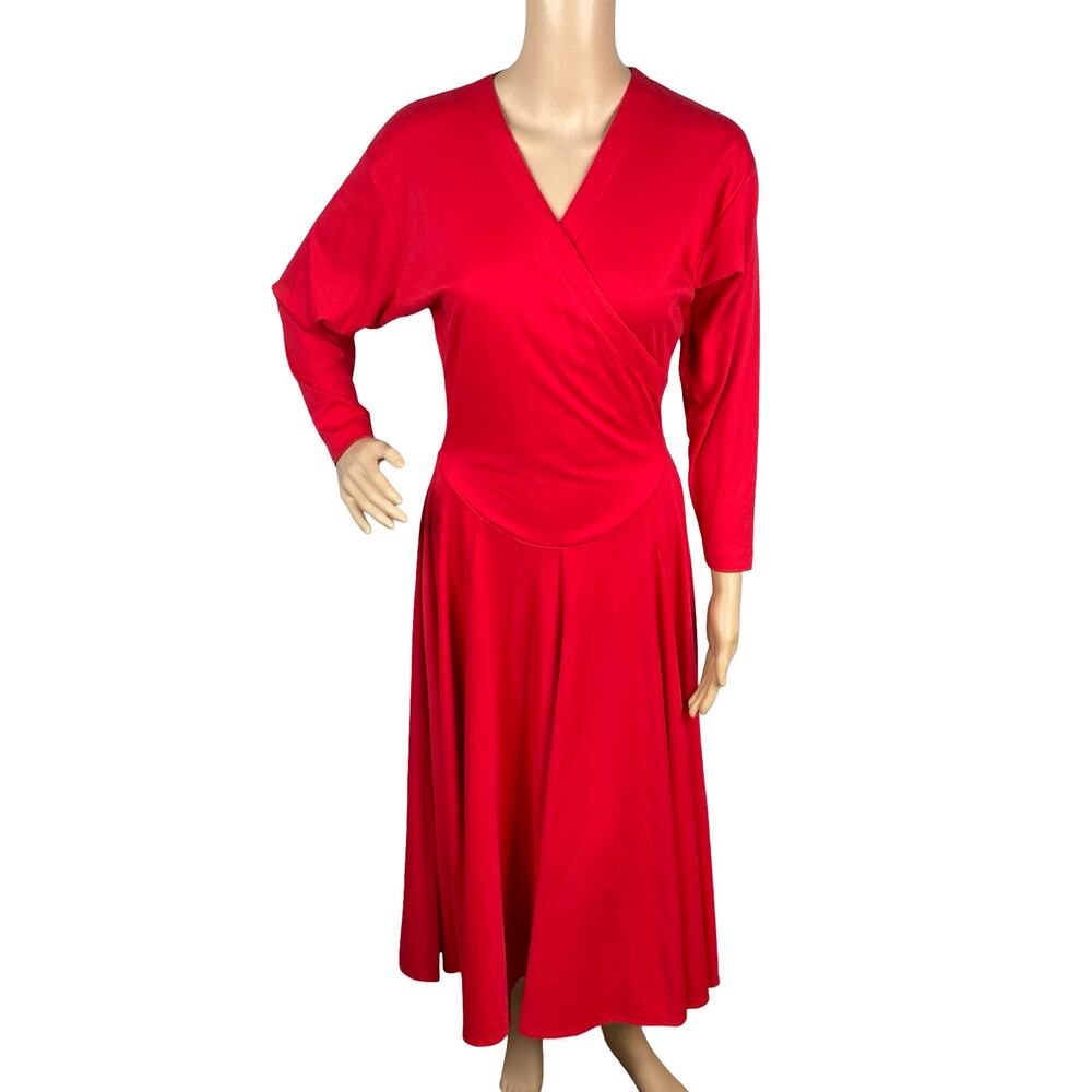 VTG 80s Miss Selfridge Basque Waist Dress Red Faux Wrap Coquette Circle Skirt M